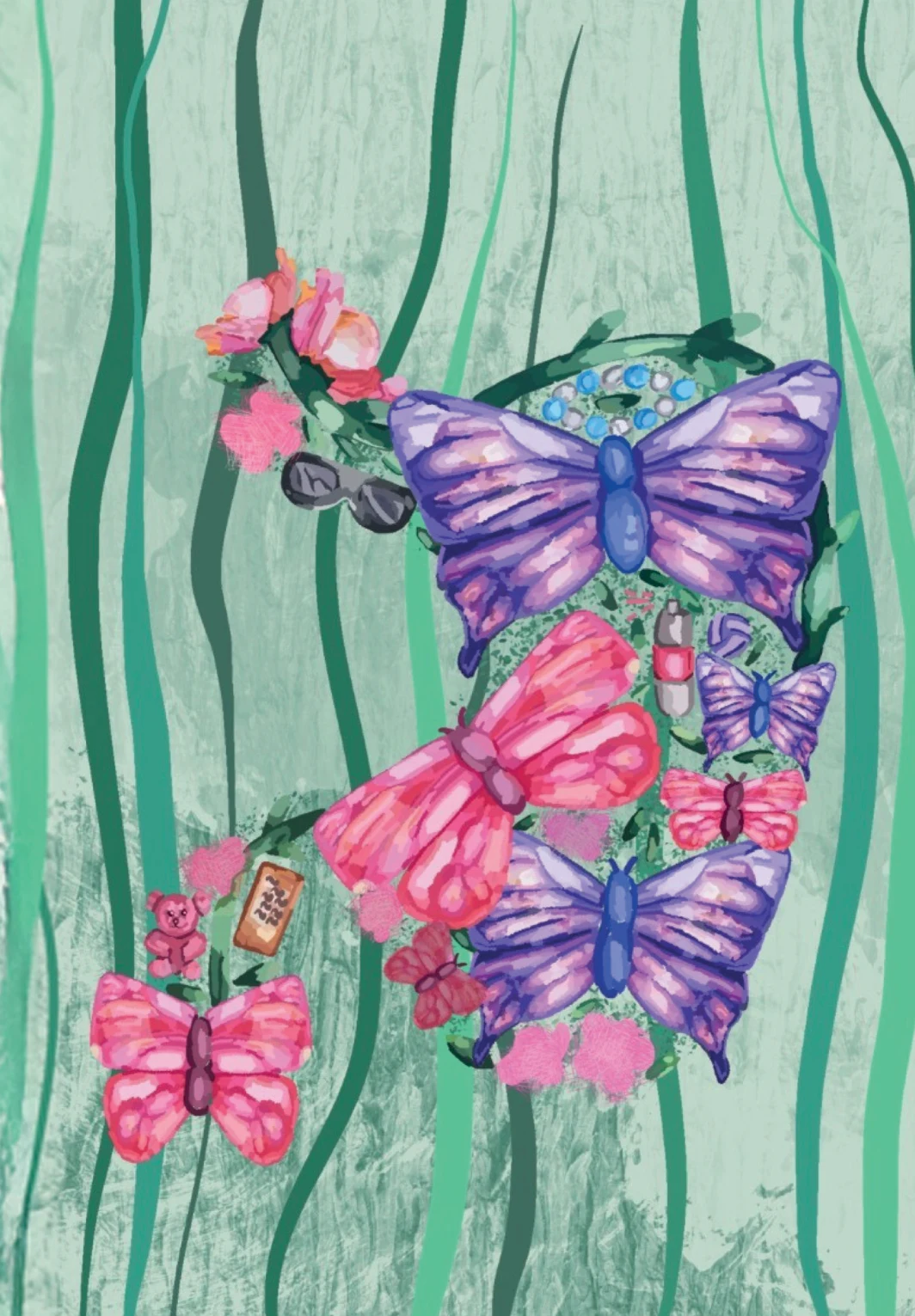 Mariposas violetas y rosadas entre tallos verdes, ilustración original de Alicia París